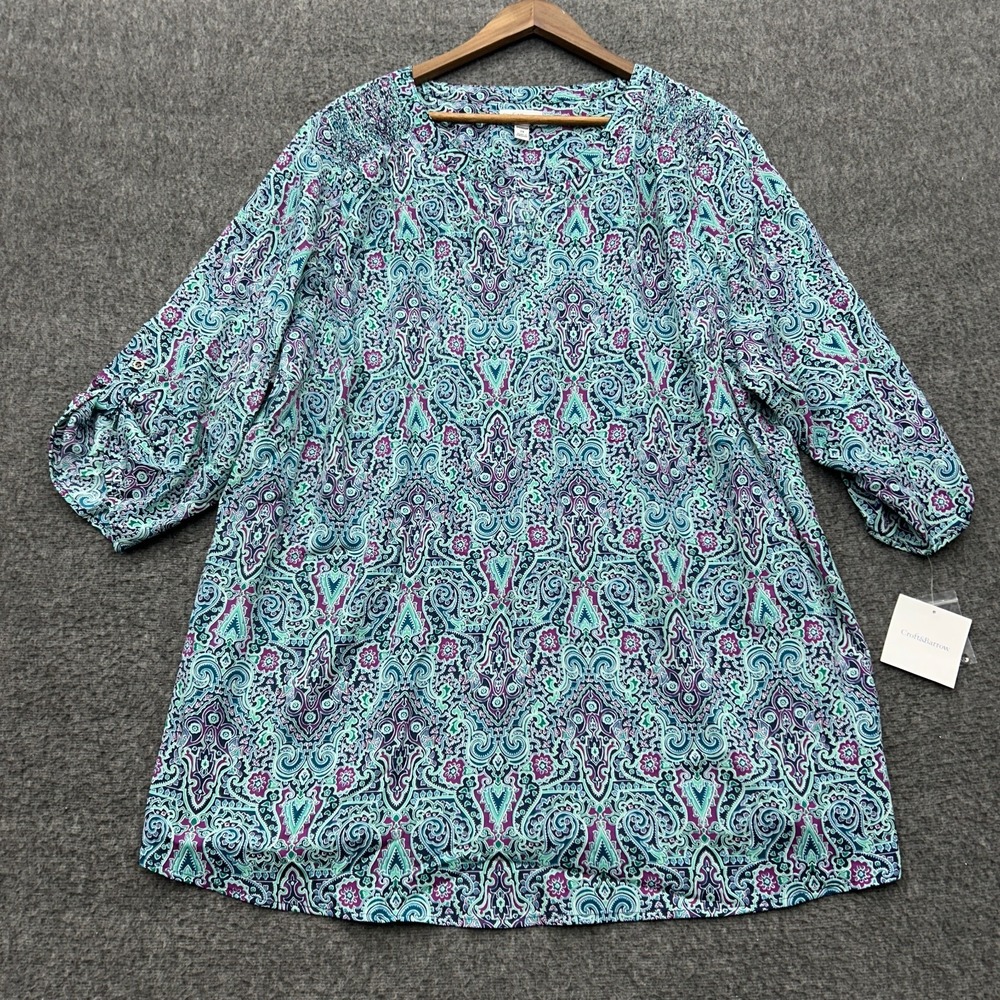 Croft&Barrow Womans 3X Blue Teal Paisley 3/4 Sleeves Tunic Top Shirt Blouse